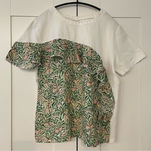 Women Crew Neck Short Sleeve Top White / Green Leaf patterns